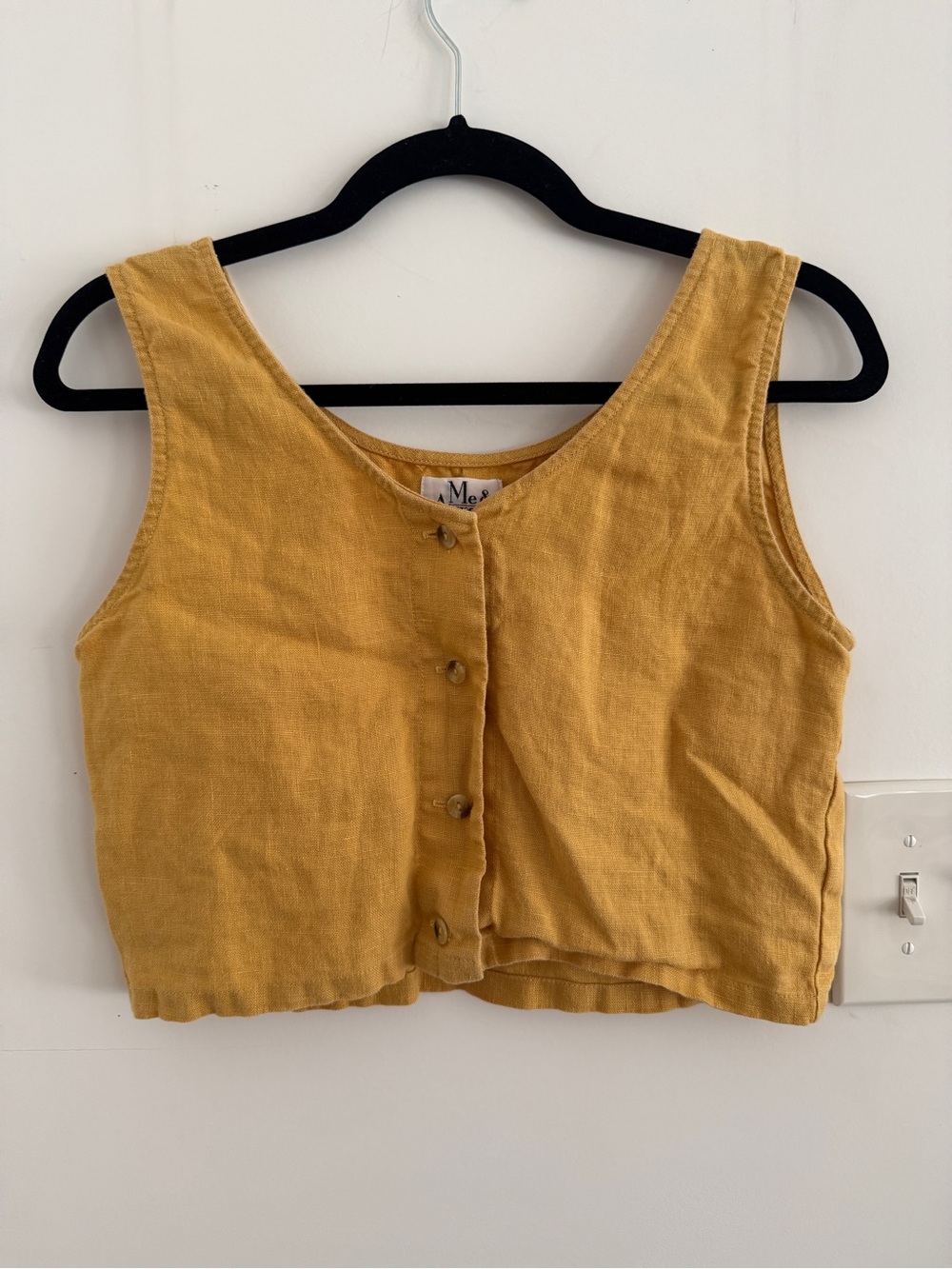 Me & Arrow Mustard Linen Button Front Crop Top S